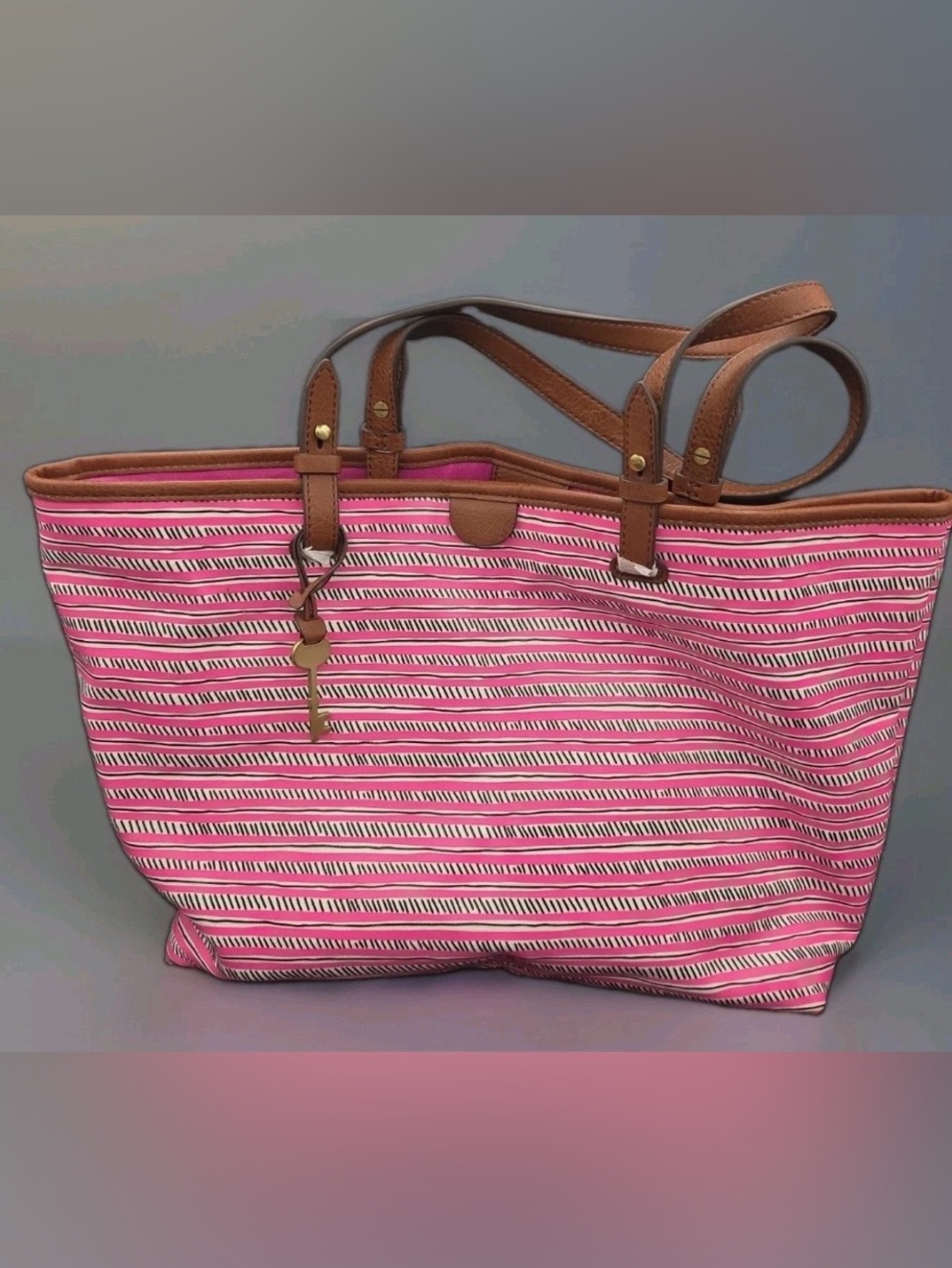 Fossil Pink Striped Canvas Tote with Brown Trim